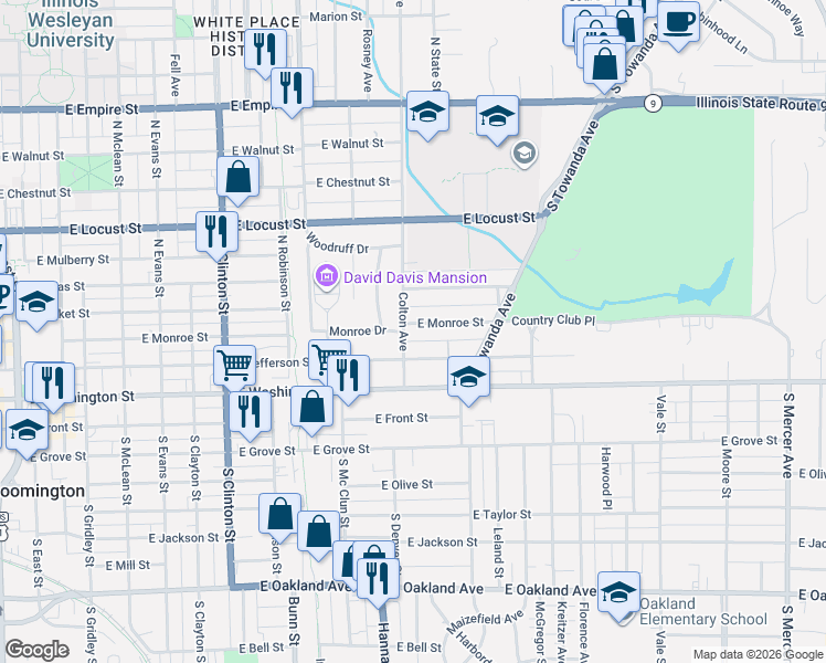 map of restaurants, bars, coffee shops, grocery stores, and more near 1106 East Monroe Street in Bloomington