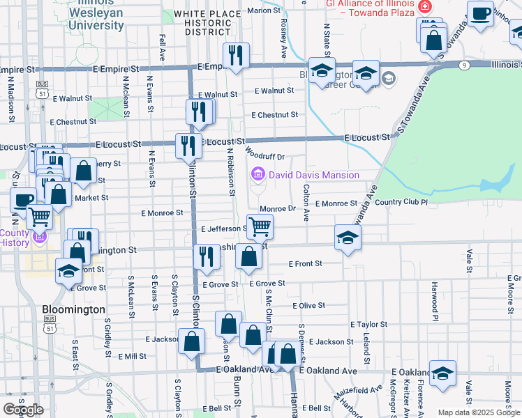 map of restaurants, bars, coffee shops, grocery stores, and more near 1000 Monroe Drive in Bloomington
