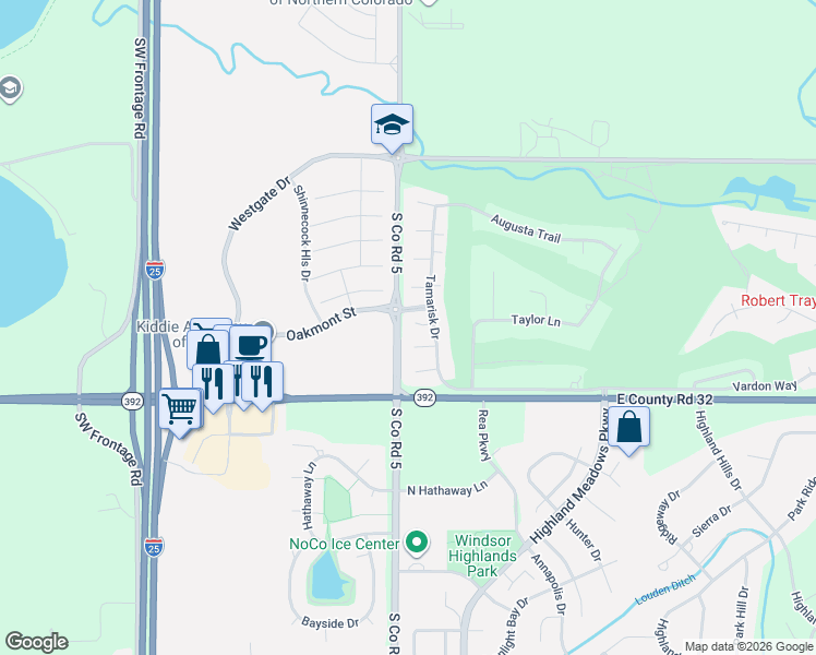 map of restaurants, bars, coffee shops, grocery stores, and more near 5178 Torrey Pines Court in Fort Collins
