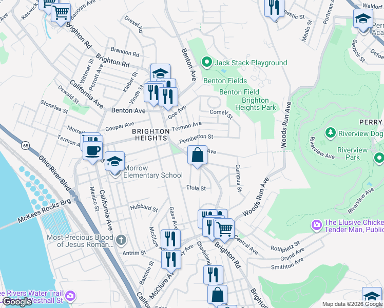 map of restaurants, bars, coffee shops, grocery stores, and more near 3592 Brighton Road in Pittsburgh