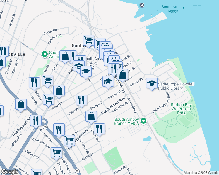 map of restaurants, bars, coffee shops, grocery stores, and more near 214 John Street in South Amboy