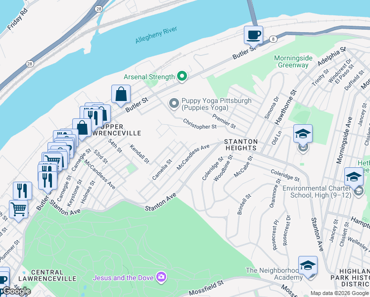 map of restaurants, bars, coffee shops, grocery stores, and more near 5571 Camelia Street in Pittsburgh