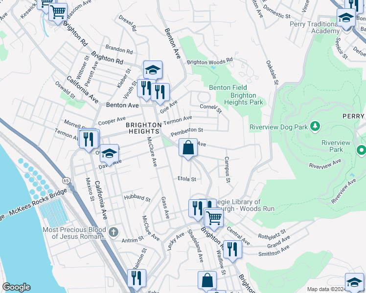 map of restaurants, bars, coffee shops, grocery stores, and more near 3604 Brighton Road in Pittsburgh