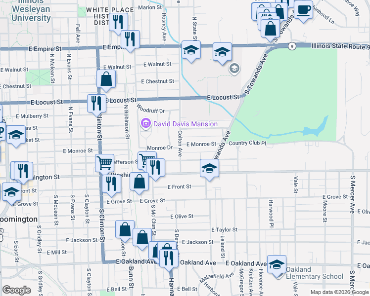 map of restaurants, bars, coffee shops, grocery stores, and more near 1106 East Monroe Street in Bloomington