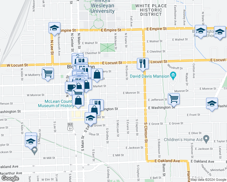 map of restaurants, bars, coffee shops, grocery stores, and more near 411 East Market Street in Bloomington