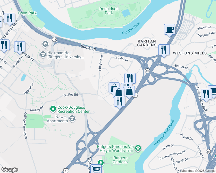 map of restaurants, bars, coffee shops, grocery stores, and more near 204 Lyla Lane in New Brunswick