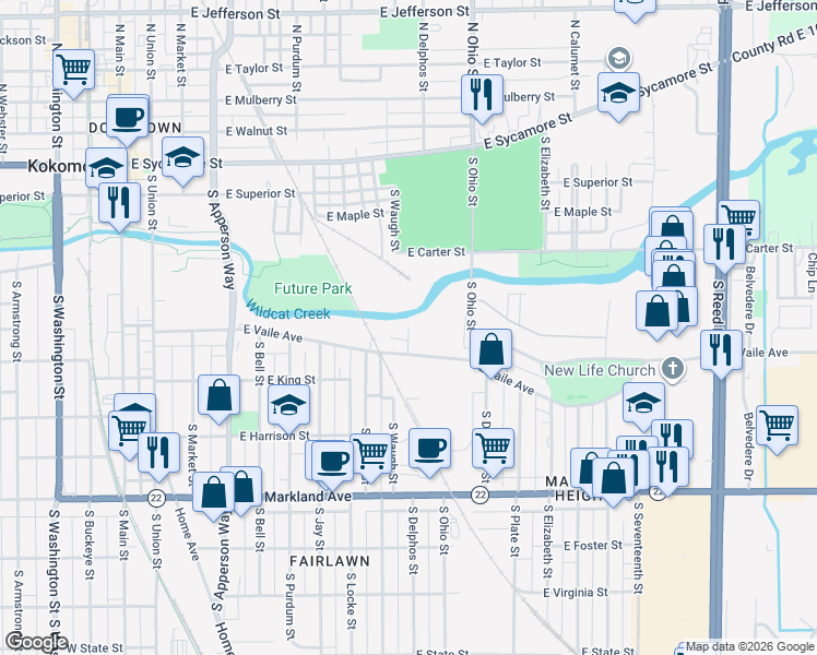 map of restaurants, bars, coffee shops, grocery stores, and more near 500 South Crystal Street in Kokomo
