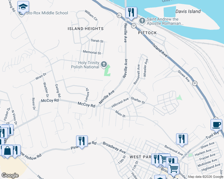 map of restaurants, bars, coffee shops, grocery stores, and more near 101 Neville Avenue in McKees Rocks