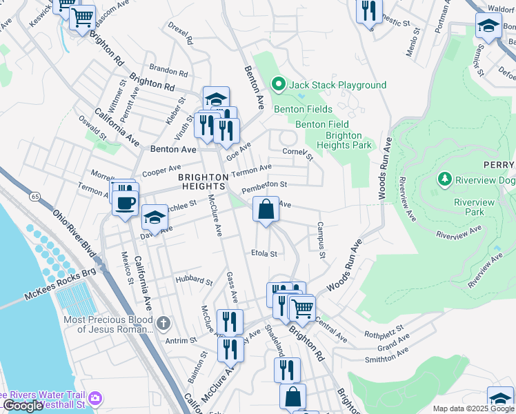 map of restaurants, bars, coffee shops, grocery stores, and more near 3604 Brighton Road in Pittsburgh