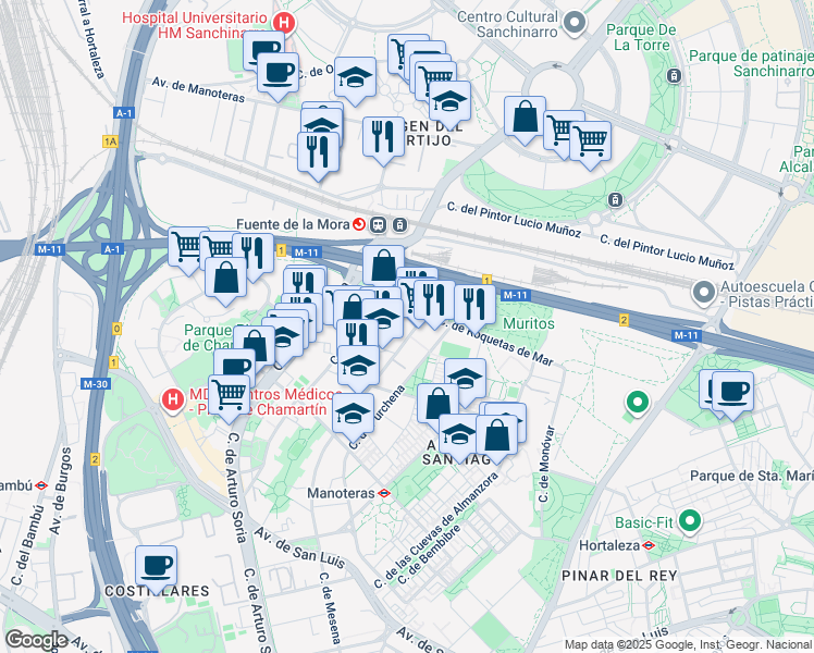 map of restaurants, bars, coffee shops, grocery stores, and more near 73 Calle del Golfo de Salónica in Madrid