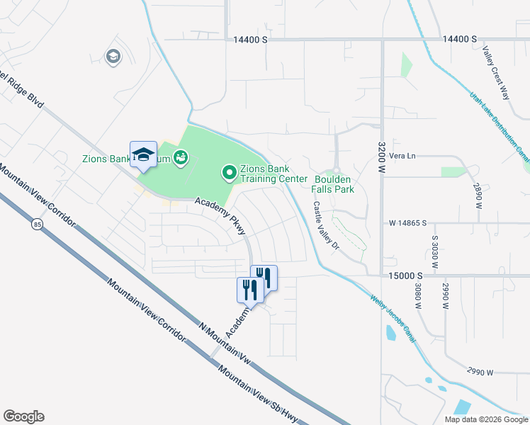 map of restaurants, bars, coffee shops, grocery stores, and more near 14845 Messi Street in Bluffdale