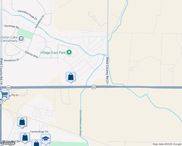 map of restaurants, bars, coffee shops, grocery stores, and more near 9877 Colorado 392 in Windsor