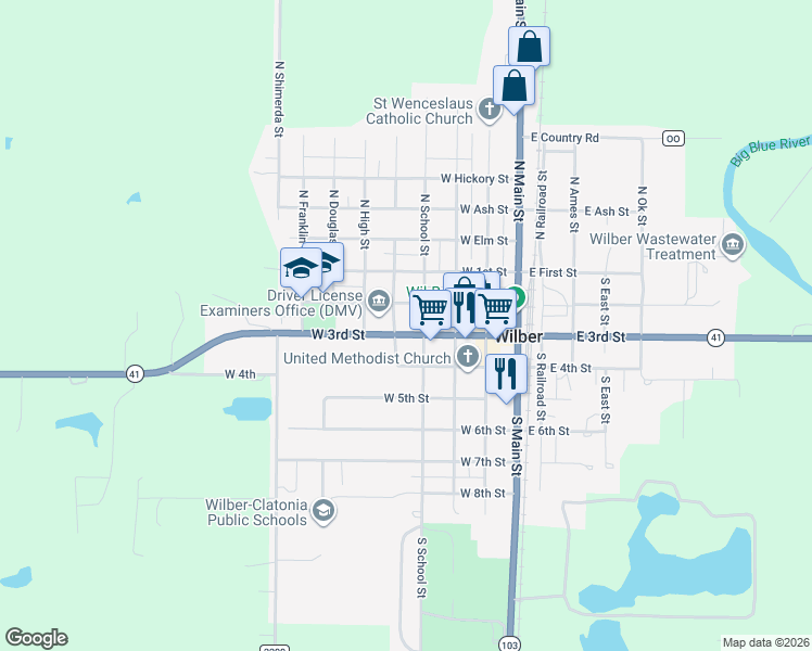 map of restaurants, bars, coffee shops, grocery stores, and more near in Wilber