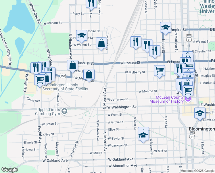 map of restaurants, bars, coffee shops, grocery stores, and more near 407 North Morris Avenue in Bloomington