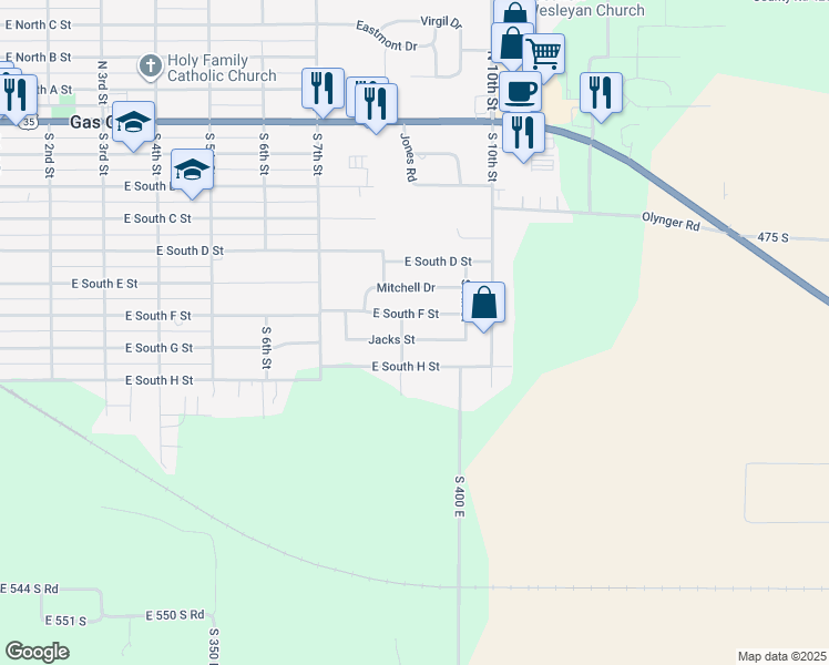 map of restaurants, bars, coffee shops, grocery stores, and more near 29 Jacks Street in Gas City