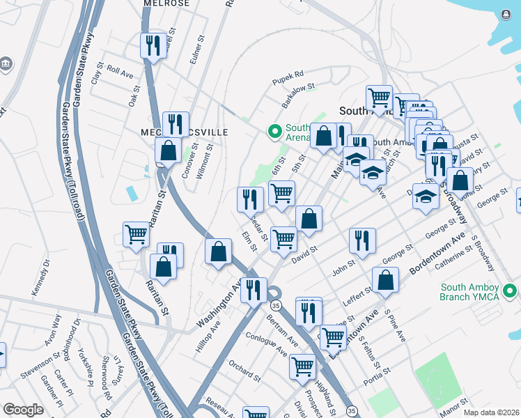 map of restaurants, bars, coffee shops, grocery stores, and more near 307 Walnut Street in South Amboy