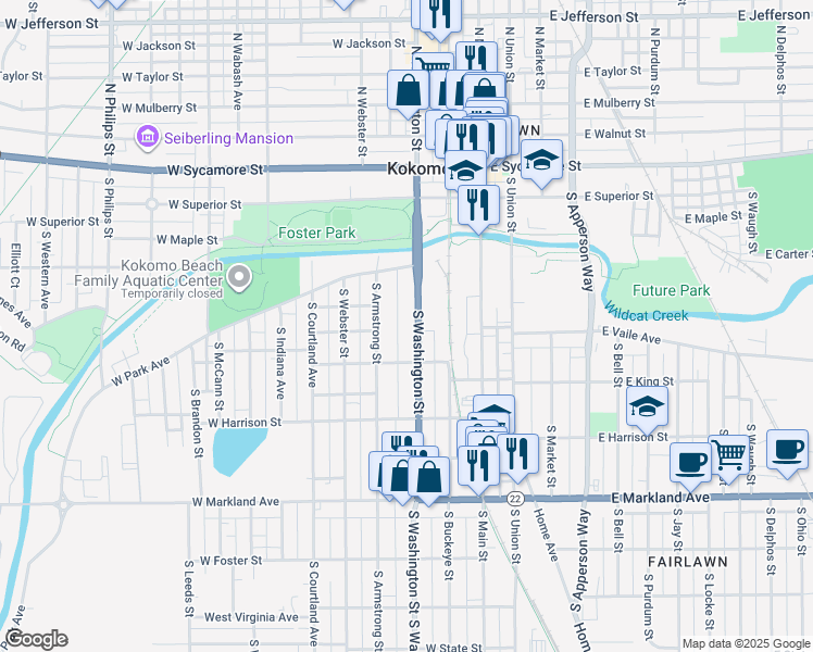 map of restaurants, bars, coffee shops, grocery stores, and more near 507 South Washington Street in Kokomo