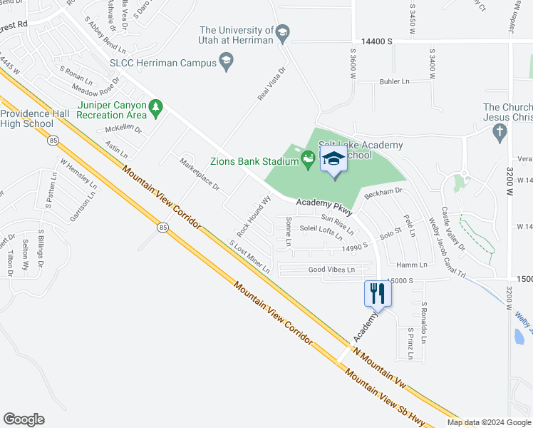 map of restaurants, bars, coffee shops, grocery stores, and more near 14821 Breccia Court in Herriman