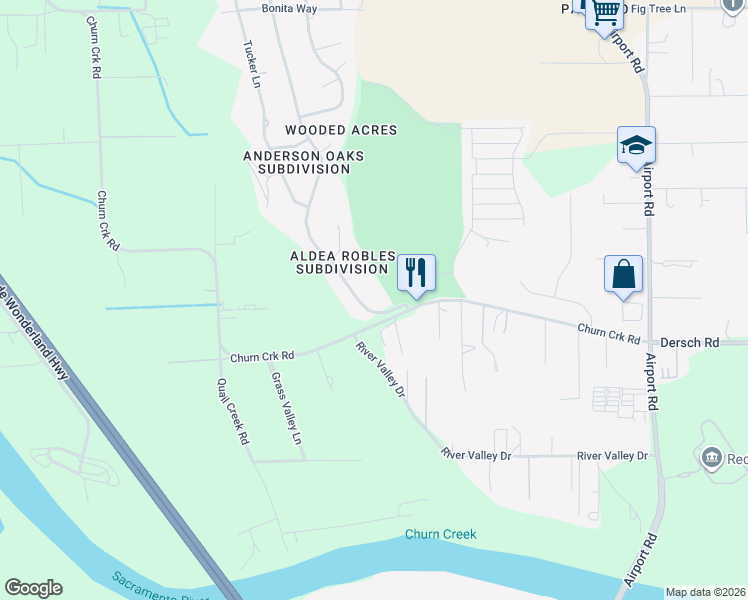 map of restaurants, bars, coffee shops, grocery stores, and more near 6657 Riata Dr in Redding