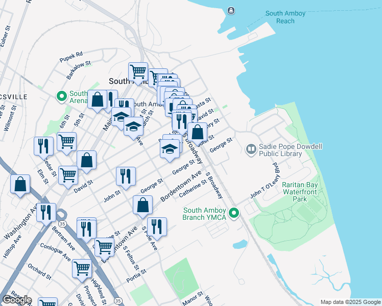 map of restaurants, bars, coffee shops, grocery stores, and more near 135 South Broadway in South Amboy