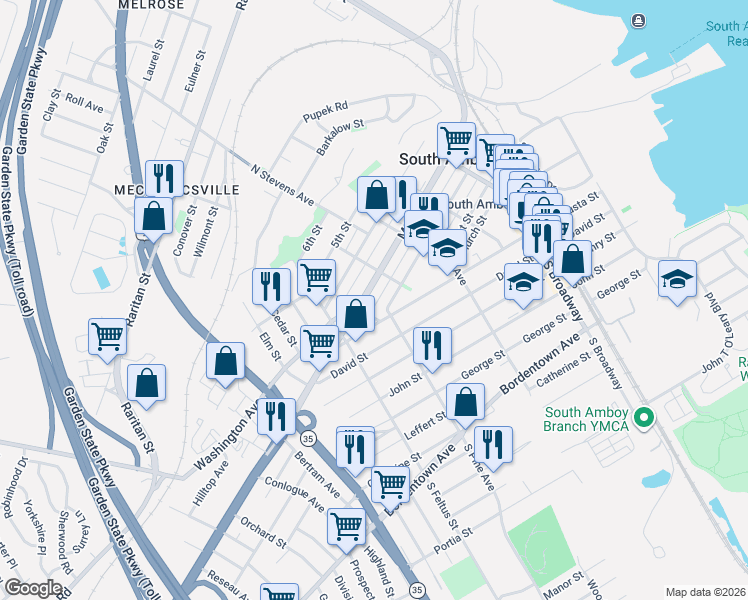 map of restaurants, bars, coffee shops, grocery stores, and more near 354 Main Street in South Amboy