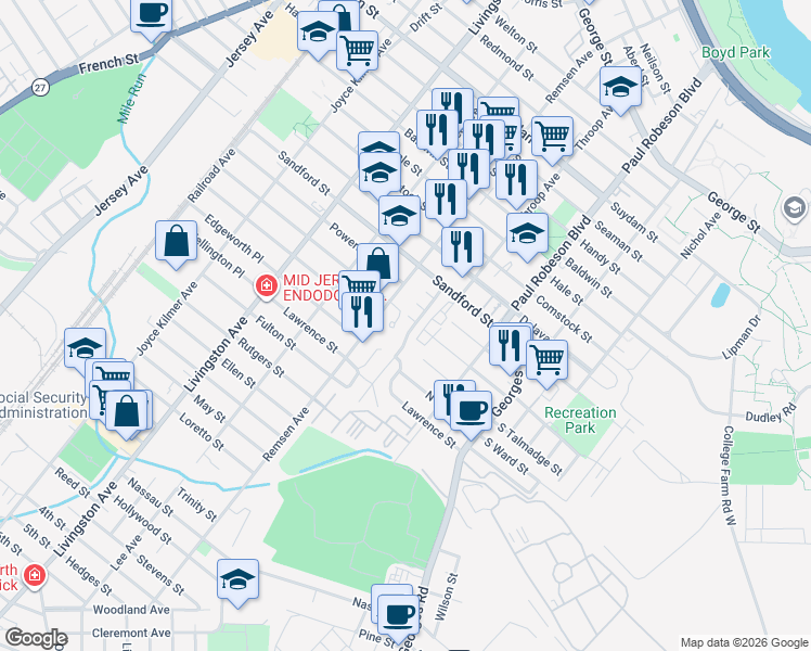 map of restaurants, bars, coffee shops, grocery stores, and more near 7 Crescent Court in New Brunswick