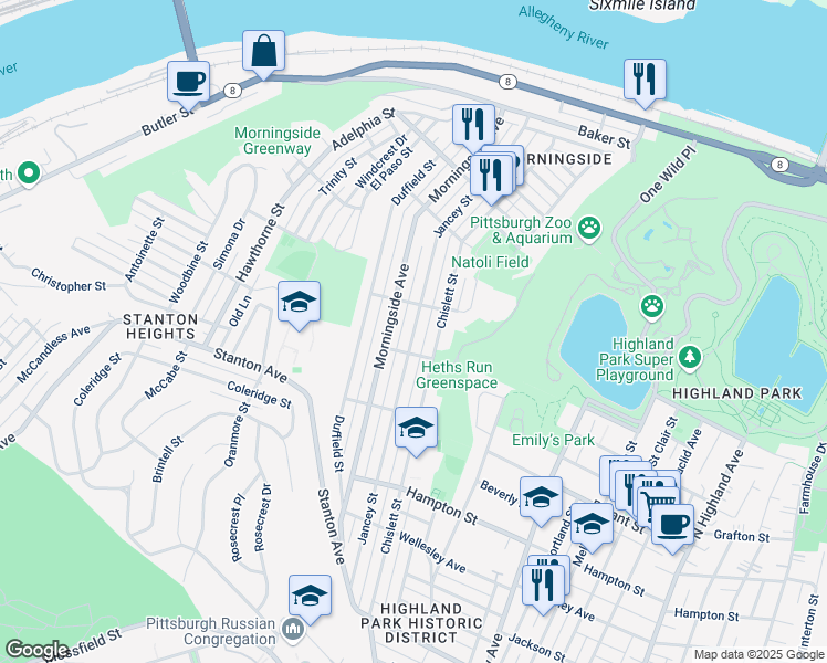 map of restaurants, bars, coffee shops, grocery stores, and more near 1433 Jancey Street in Pittsburgh