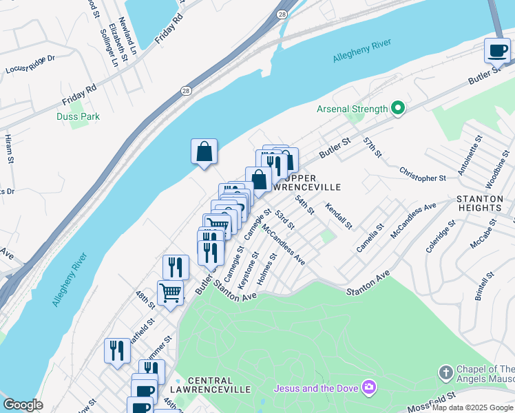 map of restaurants, bars, coffee shops, grocery stores, and more near in Pittsburgh