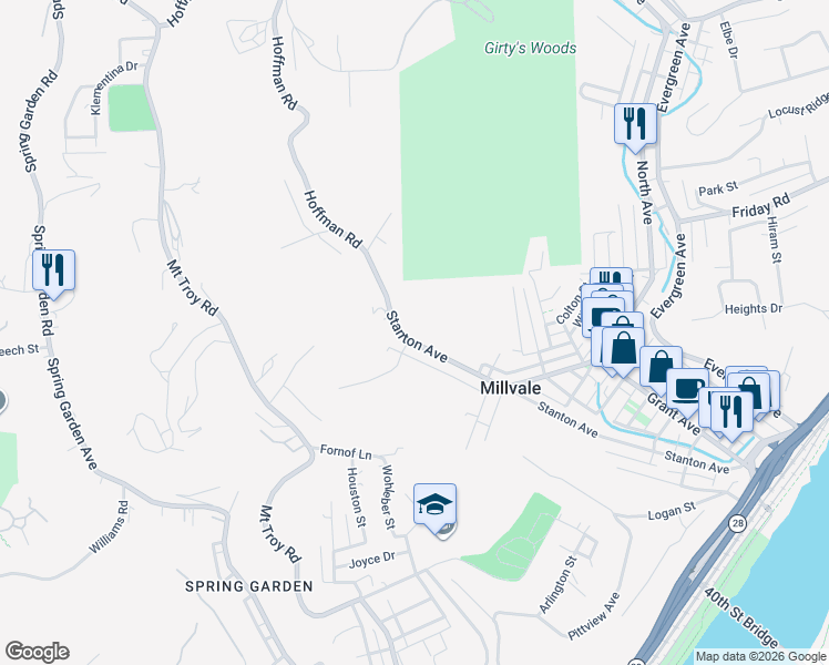 map of restaurants, bars, coffee shops, grocery stores, and more near 876 Stanton Avenue in Pittsburgh