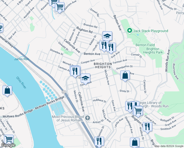 map of restaurants, bars, coffee shops, grocery stores, and more near 1509 Termon Avenue in Pittsburgh