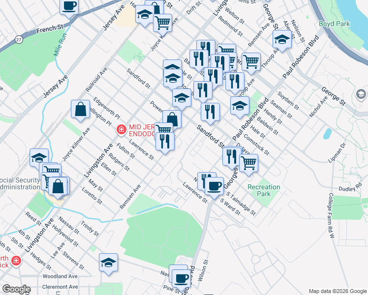 map of restaurants, bars, coffee shops, grocery stores, and more near 7 Crescent Court in New Brunswick