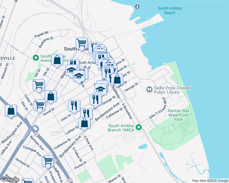 map of restaurants, bars, coffee shops, grocery stores, and more near 134 South Broadway in South Amboy