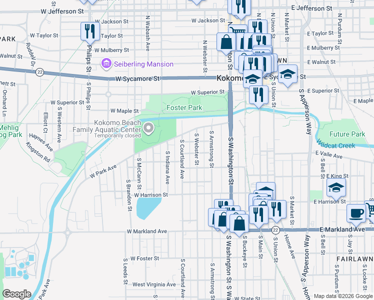 map of restaurants, bars, coffee shops, grocery stores, and more near 506 South Courtland Avenue in Kokomo