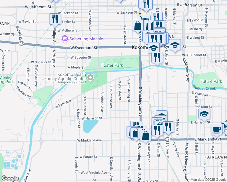 map of restaurants, bars, coffee shops, grocery stores, and more near 506 South Courtland Avenue in Kokomo