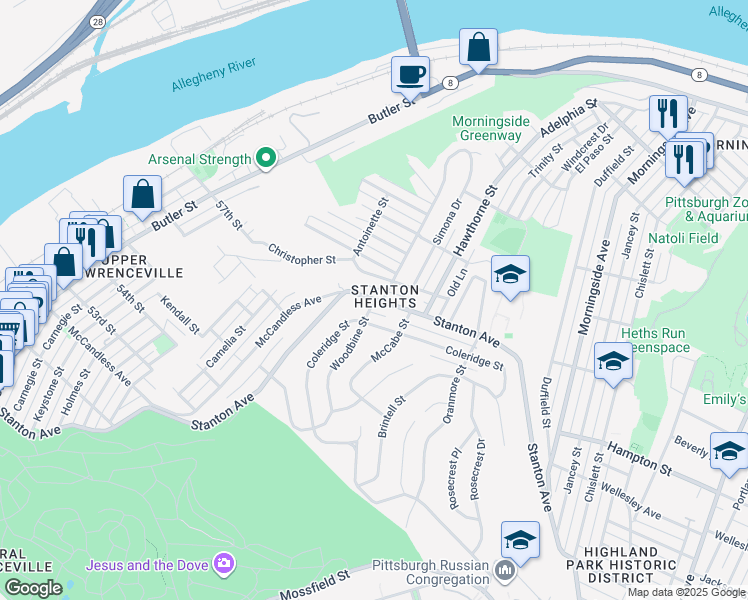 map of restaurants, bars, coffee shops, grocery stores, and more near Woodbine Street in Pittsburgh