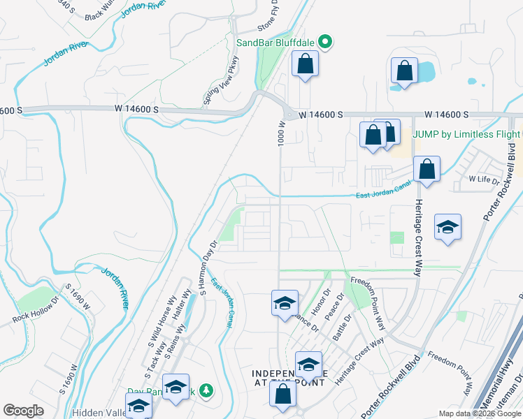 map of restaurants, bars, coffee shops, grocery stores, and more near 1034 West Narrows Lane in Bluffdale