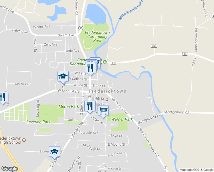 map of restaurants, bars, coffee shops, grocery stores, and more near N Edgehill Dr & E 2nd St in Fredericktown