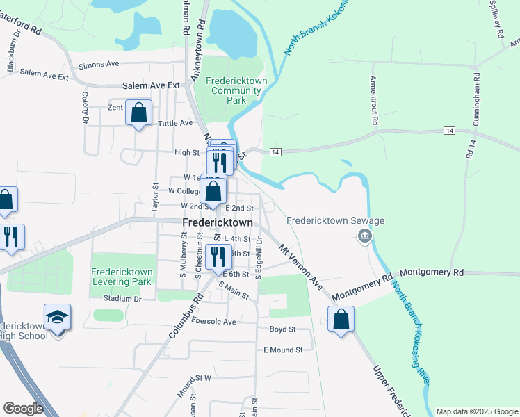map of restaurants, bars, coffee shops, grocery stores, and more near N Edgehill Dr & E 2nd St in Fredericktown