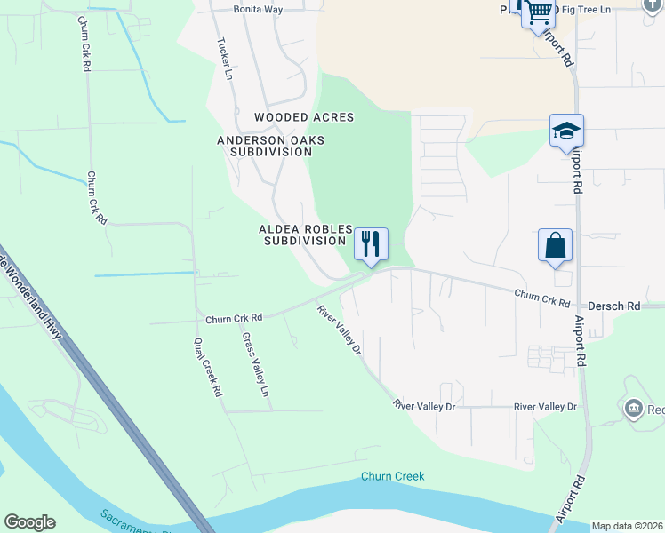 map of restaurants, bars, coffee shops, grocery stores, and more near 6657 Riata Dr in Redding