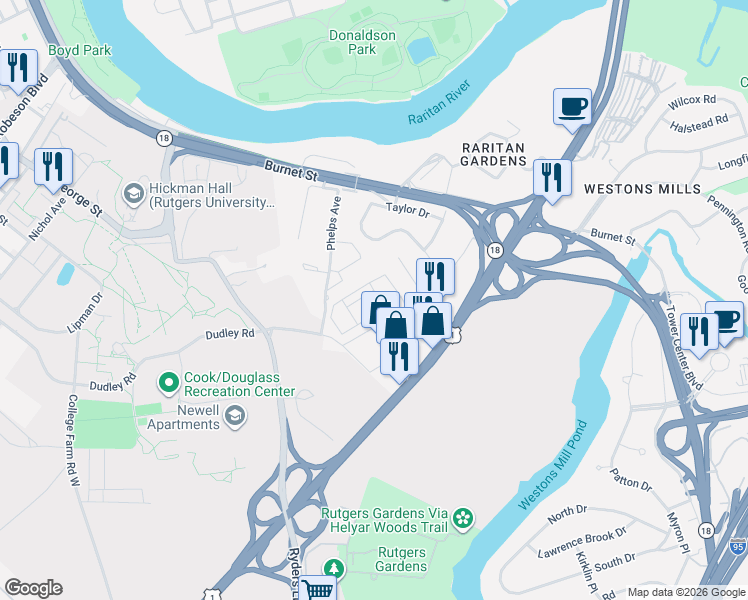map of restaurants, bars, coffee shops, grocery stores, and more near 115 Jessie Place in New Brunswick