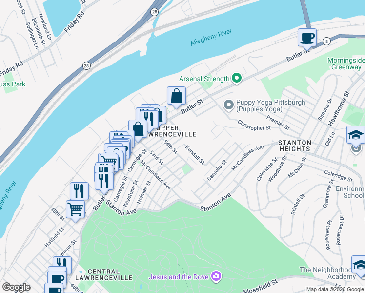 map of restaurants, bars, coffee shops, grocery stores, and more near 515 Kendall Street in Pittsburgh