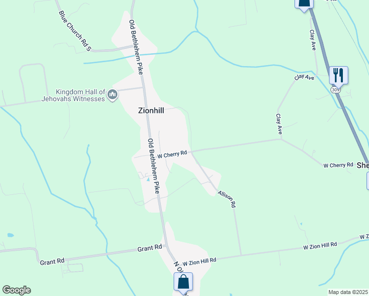 map of restaurants, bars, coffee shops, grocery stores, and more near 2912 Allison Road in Quakertown