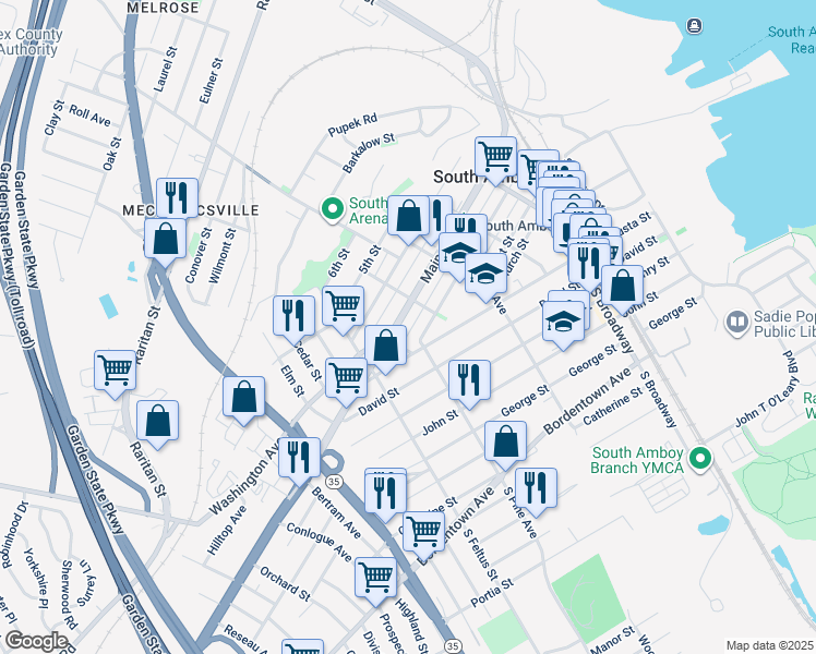 map of restaurants, bars, coffee shops, grocery stores, and more near 350 Main Street in South Amboy
