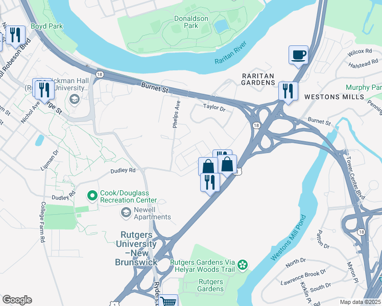 map of restaurants, bars, coffee shops, grocery stores, and more near 88 Phelps Avenue in New Brunswick