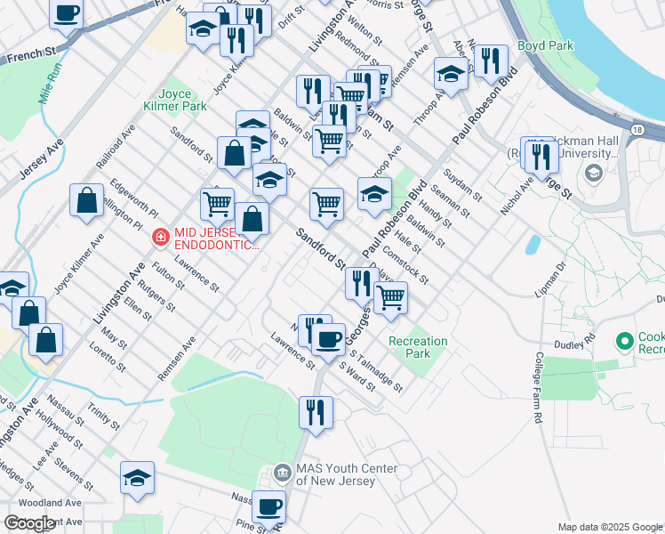 map of restaurants, bars, coffee shops, grocery stores, and more near 23 Delavan Street in New Brunswick