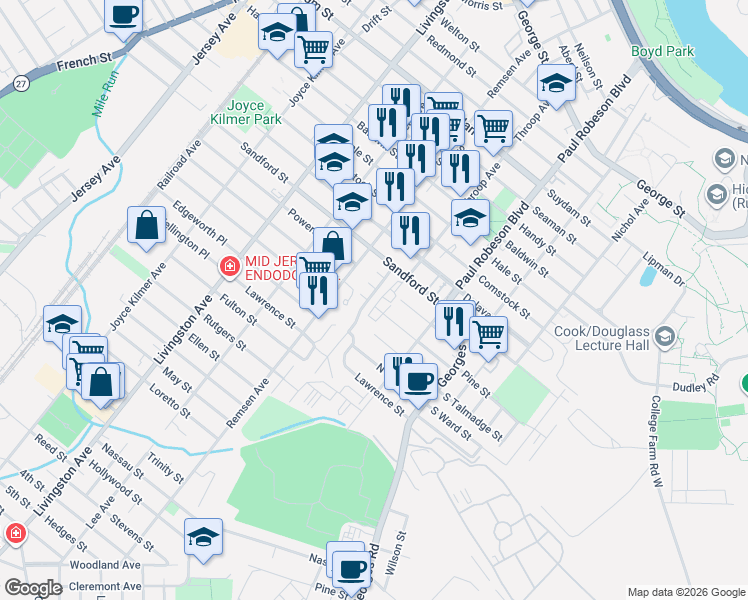 map of restaurants, bars, coffee shops, grocery stores, and more near 7 Crescent Court in New Brunswick