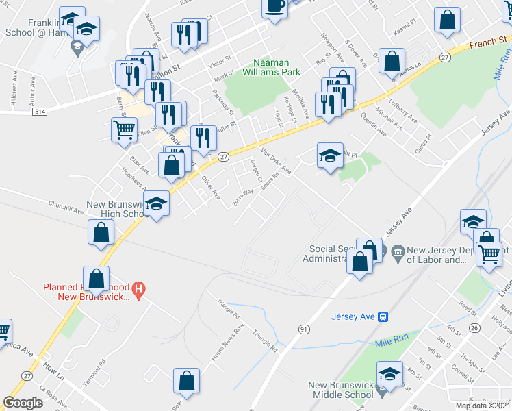 map of restaurants, bars, coffee shops, grocery stores, and more near 412 Edpas Road in New Brunswick