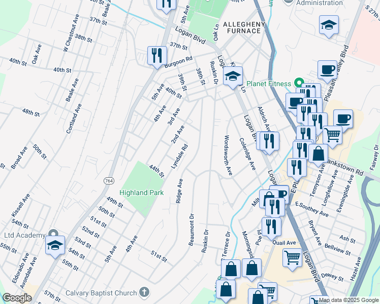 map of restaurants, bars, coffee shops, grocery stores, and more near 4120 Lyndale Road in Altoona