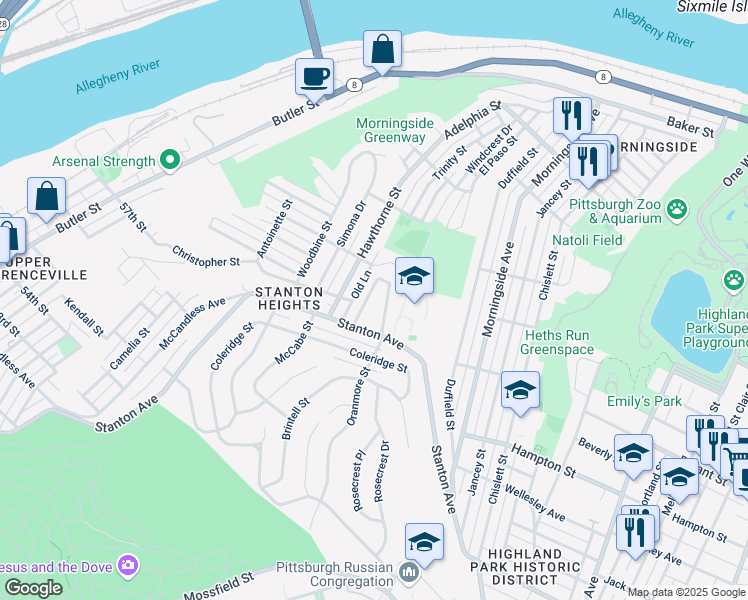 map of restaurants, bars, coffee shops, grocery stores, and more near 134 Stanton Court West in Pittsburgh