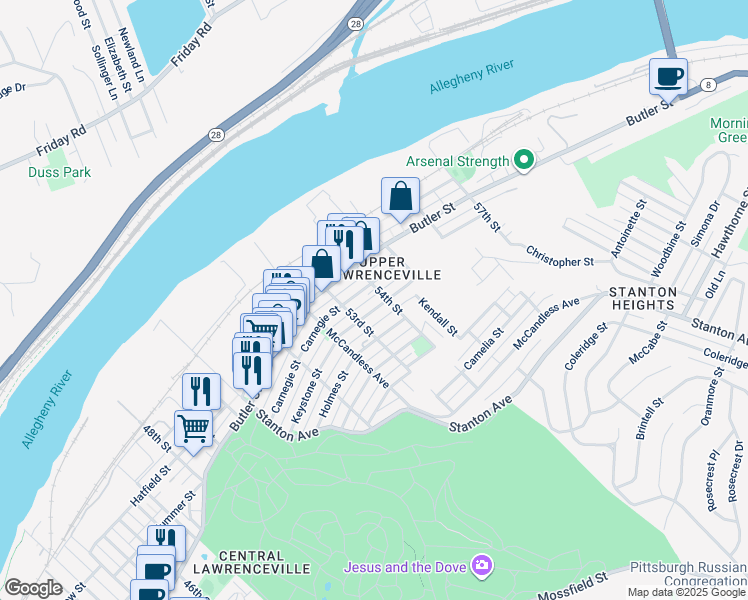 map of restaurants, bars, coffee shops, grocery stores, and more near 5400 Natrona Way in Pittsburgh